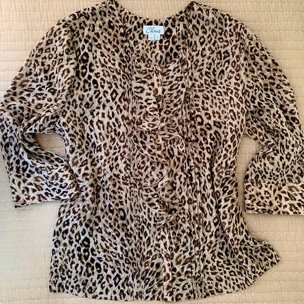 CHAUS Tan Animal Print Ruffle Blouse